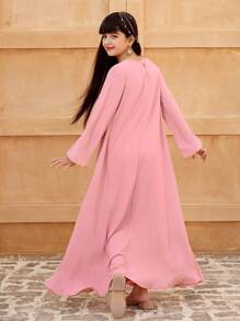 Tween Girls' Solid Color Long Sleeve Casual Minimalist Fashion Everyday Dress - Pink - View 2