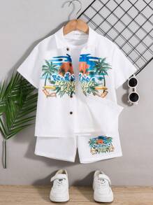 SHEIN Leap Crew 2 件儿童年轻男孩休闲学院风舒适、时尚、简约、实用、百搭、柔软舒适、度假风格图案透气舒适、白色短袖衬衫和短裤适合日常使用、度假、海边、学校、旅行、运动、春夏季节 - 白色 - 查看 7