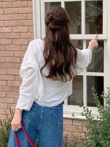 DAZY Áo thun tay dài bán trong suốt họa tiết dành cho nữ, áo thun cơ bản màu trơn thường ngày, quần áo nữ mùa thu - trắng - Xem 5