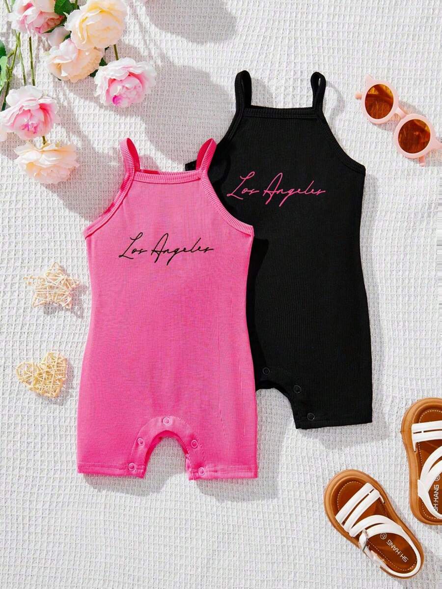 SHEIN 2pcs/Set Baby Girl Summer Cute Solid Color Knitted Letter Graphic Romper Outfit - Multicolor - View 1