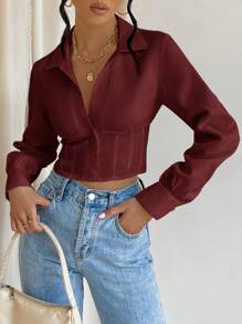 SHEIN Privé Casual Solid Color Criss Cross Tie Front Cropped Shirt - Burgundy - View 3