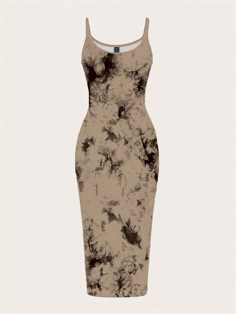 SHEIN EZwear Váy liền thân bó sát tối giản họa tiết nhuộm loang màu đơn giản, váy mùa hè cho nữ - Nhiều màu - Xem 1