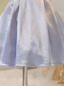 女孩优雅正式荷叶边领泡泡袖高腰缎带装饰缎面连衣裙，适合婚礼和花童，夏季 - 藍色 - 查看 4