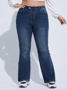 SHEIN CURVE+ Plus Size Women's Elastic Vintage Slim Fit Flare Jeans - Blue - View 6