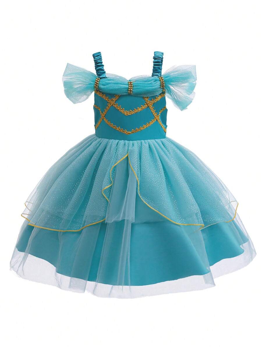 Solid Color Spaghetti Strap Mesh Princess Dress, Casual & Fashionable For Everyday Wear - Green - View 1