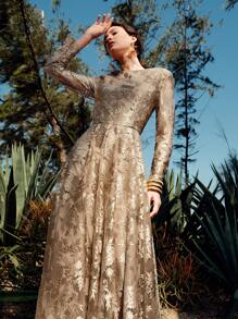 Anewsta 精致奢华蕾丝长袖金色连衣裙，优雅精致的设计 - 卡其色 - 查看 3