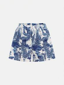 Girlism Tween Girl Blue & White Floral Knitted Crop Top & Shorts Set With Fitted Bubble Sleeves For Girl, Holiday/Casual Outfit - Blue and White - View 4