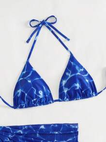 Summer 3pcs/Set Ripple Print Halter Neck Bikini Set: Triangle Bra Top And Swimwear Shorts With Skirt - Multicolor - View 4