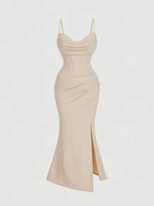 SHEIN MOD Plus Size Apricot Plunging Neckline Fitted High Slit Dress, Plus Size Formal Gown.Party Dress - Apricot - View 1