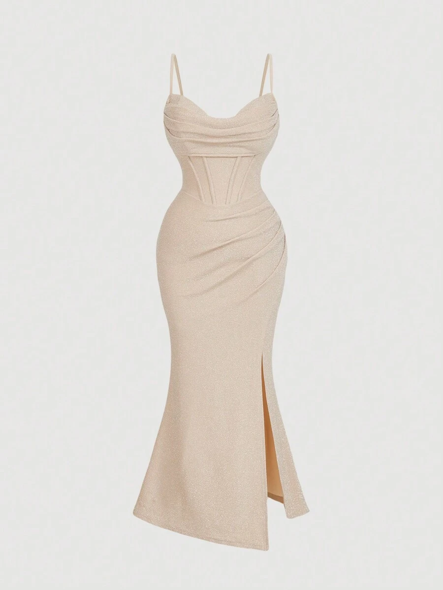 SHEIN MOD Plus Size Apricot Plunging Neckline Fitted High Slit Dress, Plus Size Formal Gown.Party Dress - Apricot - View 1