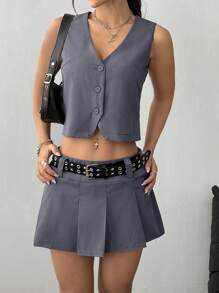 SHEIN MOOSTA Conjunto de 2 piezas para mujer con chaleco de un solo abotonadura de unicolor y falda mini plisada - Gris - Ver 4