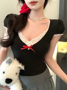 DAZY Women V-Neck Lace Patchwork Contrast Color Short Sleeve T-Shirt Cute Tops - Black - View 5