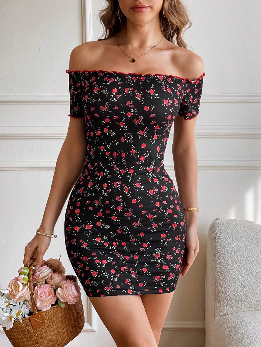 SHEIN VCAY 女士度假风荷叶边露肩修身碎花连衣裙