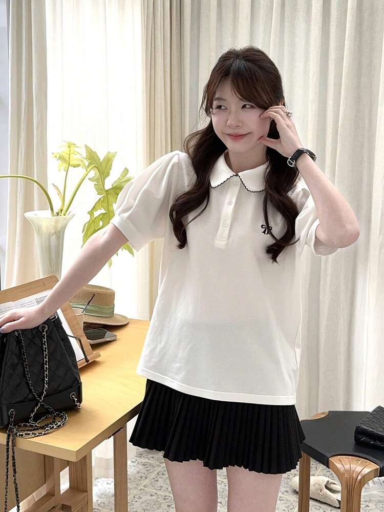 Women Puff Sleeve POLO Collar Casual Butterfly Embroidery T-Shirt Cute Tops