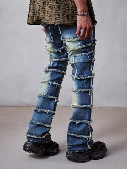Grunge Punk Men's Frayed Hem Layered Flared Patchwork Jeans