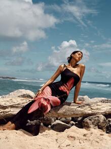 Opulessa Knit Mesh Print Slit Dress With One Shoulder Design For Women, Halloween Costume, Christmas Party Clothes, New Year Look, Thanksgiving Outfits, Elegant Dresses Party, Luxury Evening Dresses For Weddings, Sexy Club Outfits, Summer Beach Outfits, Mermaid, Bohemian Outfits, Ibiza Outfits, Western Style - Red - View 4