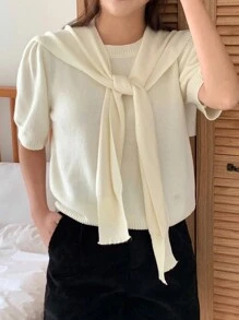 DAZY Blusa de manga corta para mujer de punto, unicolor melocotón, para primavera/verano - Albaricoque - Ver 4