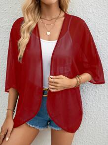 SHEIN Essnce Casual Solid Color Sheer Batwing Sleeve Jacket - Red - View 4