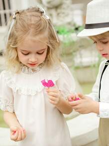 SHEIN Mädchen Retro Französischer Stil Hochkragen Blumen Spitze Puffärmel Strukturiertes langes Kleid, eleganter minimalistischer Frühling/Sommer - Aprikosenfarben - Übersicht 5