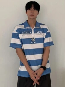 DAZY 男士夏季字母印花條紋多色波羅衫圖案T恤 - 彩色 - 查看 4