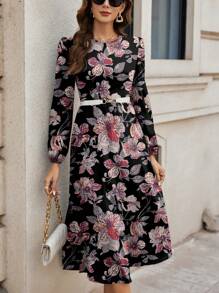 SHEIN Clasi 复古花卉图案圆领长袖休闲连衣裙，适合春秋季节