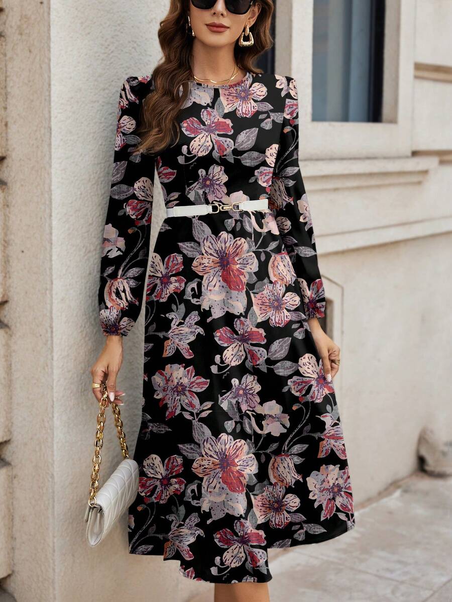 SHEIN Clasi 复古花卉图案圆领长袖休闲连衣裙，适合春秋季节