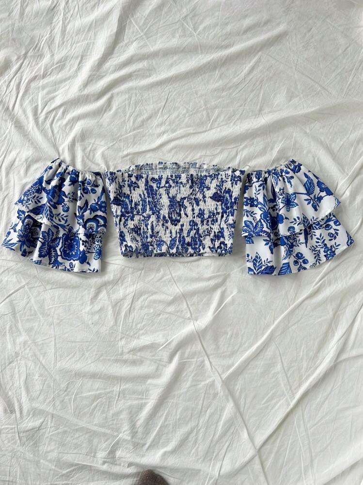 Soleia New Spring/Summer Ruffle Trim Print Bustier Top For Women,Beach For Woman,Backless,Cowgirl,Rave Festival,Old Money - Blue - View 2