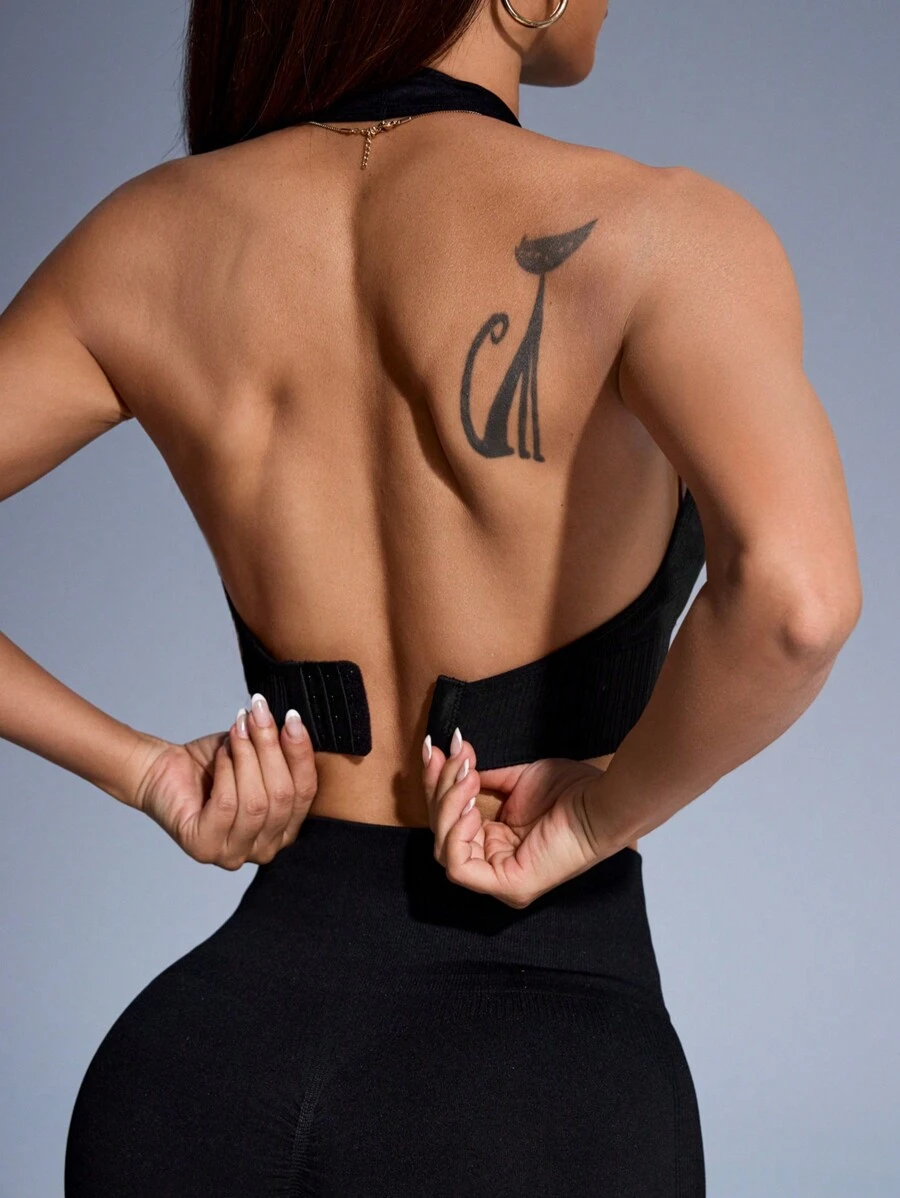 Easithlete Women's Solid Color Halter Neck Slim Fit Casual Blouse, Everyday Wear - Black - View 1