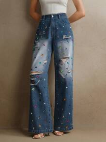 Anewsta Quần Jeans Xanh Nữ Thời Trang Retro Hiện Đại Màu Sắc Cũ Đính Đá Rhinestone, Dành Cho Lễ Hội & Đi Chơi - Rửa tối - Xem 5