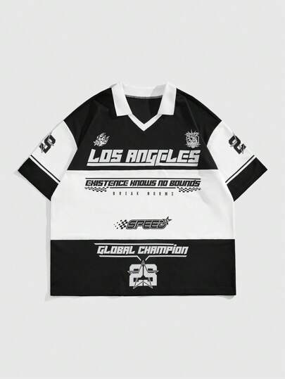 Prep Chemise polo style maillot de football à manches courtes avec bloc de couleurs et impression de lettres pour hommes