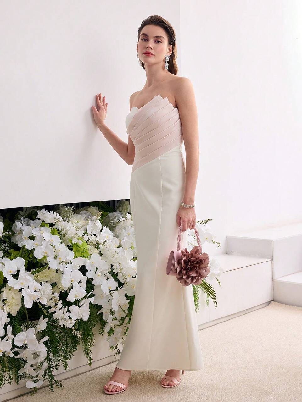 STYLISH 3D FLOWER FAUX PEARL CHAIN EVENING CLUTCH BAG, ELEGANT PROM BAG