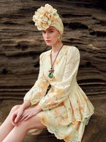 Anewsta Vintage French V-Neck Short Ditsy Floral Dress, Slimming