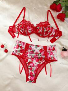 Floral Drawstring Romantic Bra & Panty, Women Valentine's Day 2 Pieces Lingerie Set - Black - View 6
