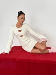 Flirla Vestido de punto con diseño de corazón hueco, versátil, para el Día de San Valentín - Blanco - Ver 5