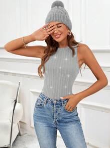 SHEIN Essnce Women Tank Top Women's Solid Color Shiny Round Neck Slim Fit Tank Knitted Sleeveless Round Neck Tank Top Outfits