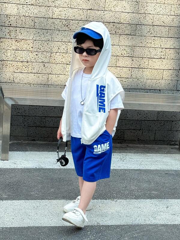 SHEIN 2pcs/Set Young Boy Casual Korean Streetwear Hooded Vest And Shorts Knit Two-Piece Suit,Suitable For School, Garden, Beach, Birthday, Spring, Summer, Autumn, Winter Seasons