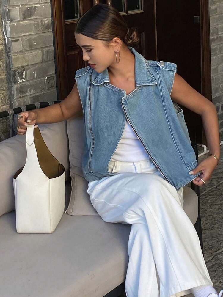 Women's Sleeveless Zip-Up Denim Jacket