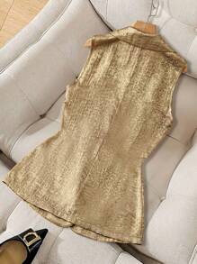 Franclia 百搭休闲办公室无领无袖修身时尚金属金色女士薄款轻便西装外套，春夏 - 金色 - 查看 2