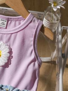 SHEIN 2pcs Infant Girls Casual Everyday Versatile 3D Daisy Flower Woven Label Tank Top & Skirt Set, Fashionable For Outing, Spring/Summer - Purple - View 4