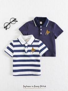 Cozy Pixies 2pcs Baby Boy Set: Soft Knit Turndown Collar Half-Zip Short Sleeve Pullover Top - Multicolor - View 1