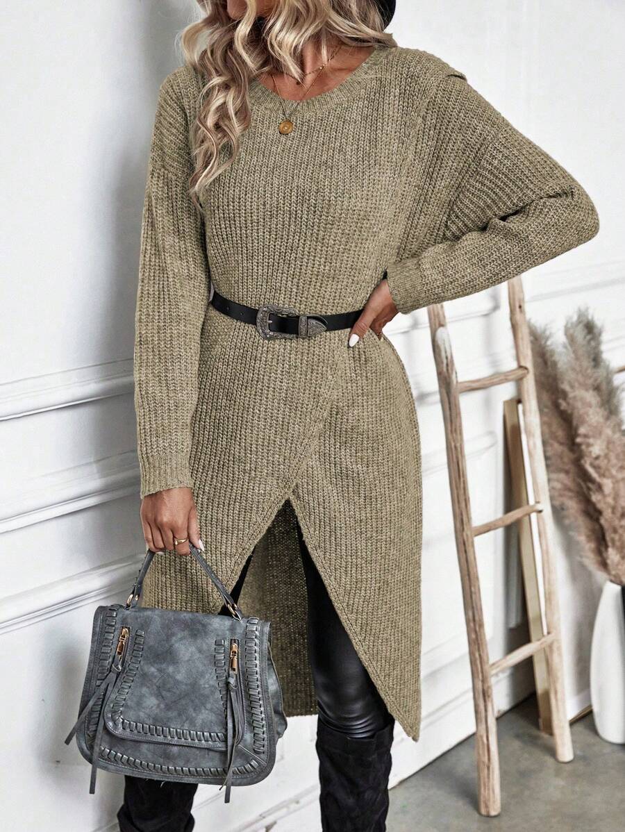 Calvaya Solid Wrap Hem Sweater,Long Sleeve Tops Knit Pullover Fall Winter Sweater - Camel - View 1