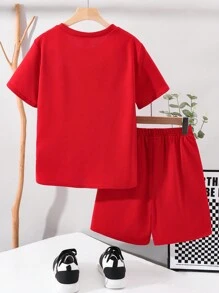 2Pcs Tween Boy Casual Chic Comfortable Practical Versatile Soft Graphic Short Sleeve Round Neck T-Shirt And Elastic Waist Shorts Set, Suitable For Autumn, Spring, Summer, Ideal For Daily Wear, Outdoor Play, School, Streetwear, Party And Leisure