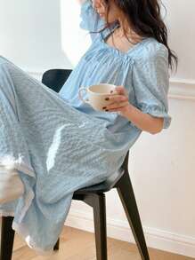 DAZY Sweet Puff Sleeve Ruffle Trim Loose Nightgown Pajama - Baby Blue - View 4
