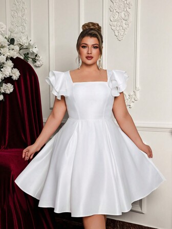 Glamrae Plus Size Elegant Romantic White Square Neckline Ruffle Sleeves Large A-Line Dress, Bridal Gown For Wedding Ceremony Occasions, Bridal Shower Dress, Little White Dress,Bride