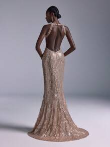 Elitara 优雅香槟色奢华亮片细肩带低领露背性感美人鱼风格正式晚礼服、派对礼服、婚礼宾客礼服、晚礼服 - 香檳色 - 查看 1