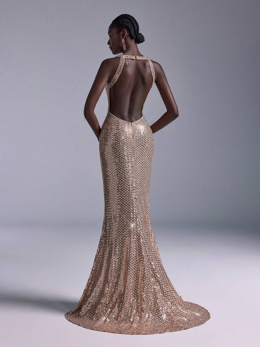 Elitara 优雅香槟色奢华亮片细肩带低领露背性感美人鱼风格正式晚礼服、派对礼服、婚礼宾客礼服、晚礼服 - 香檳色 - 查看 1