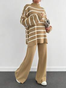 SHEIN Cottnline مجموعة نسائية مكونة من 2 قطعة: كنزة صوفية مخططة طويلة الأكمام بأكتاف منسدلة وبنطلون محبوك طويل - كاكي - مشاهدة 4