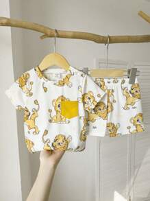 2 件装男女通用新生儿 - 1 岁男婴/女婴可爱狮子印花全身图案套装，适合宝宝在夏季各种场合穿着，让宝宝看起来更可爱 - 彩色 - 查看 4