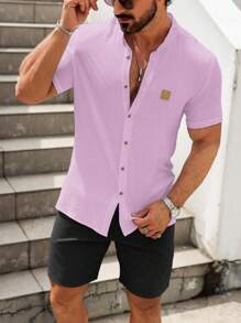 Manfinity Homme Casual Solid Color Shirt & Shorts Set, Simple & Fashionable For Daily Wear - Violet Purple - View 1