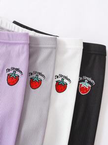 4 件套婴儿/女婴罗纹草莓字母刺绣松紧腰舒适休闲裤，适合居家和户外，春夏秋季 - 彩色 - 查看 2